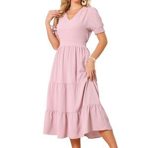 Women's Summer Dress Casual Short Sleeve A-Line Smocked Tiered Dress Pink
